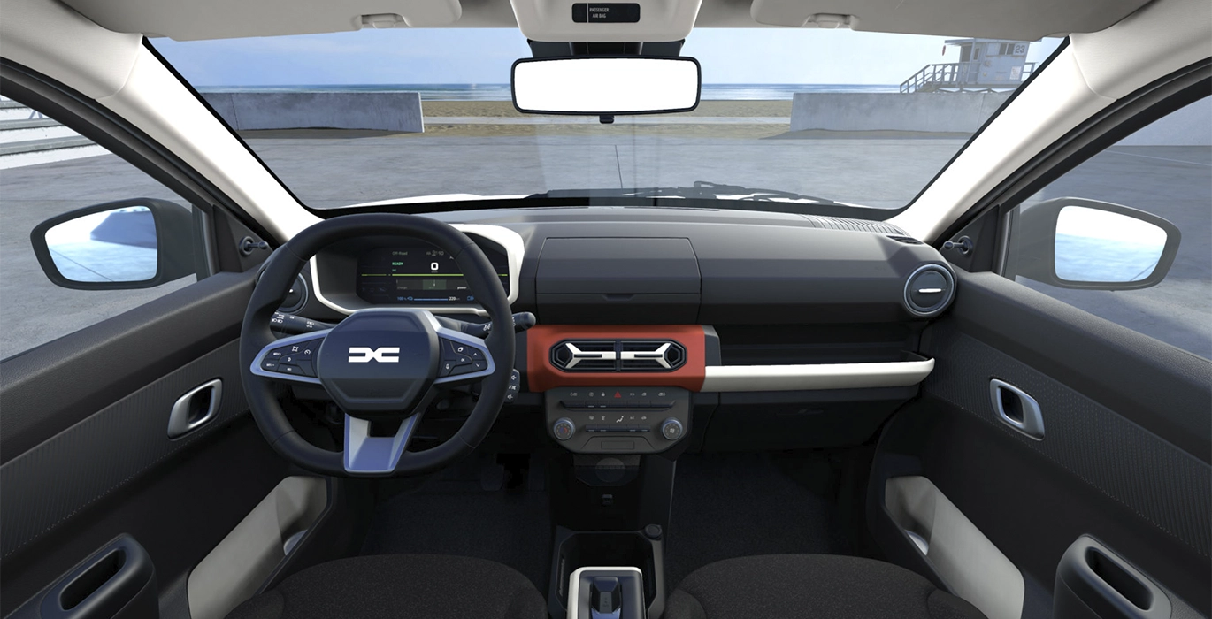 Dacia Spring Expression Electric 33kW 45CV interior delantera | Avanti Renting