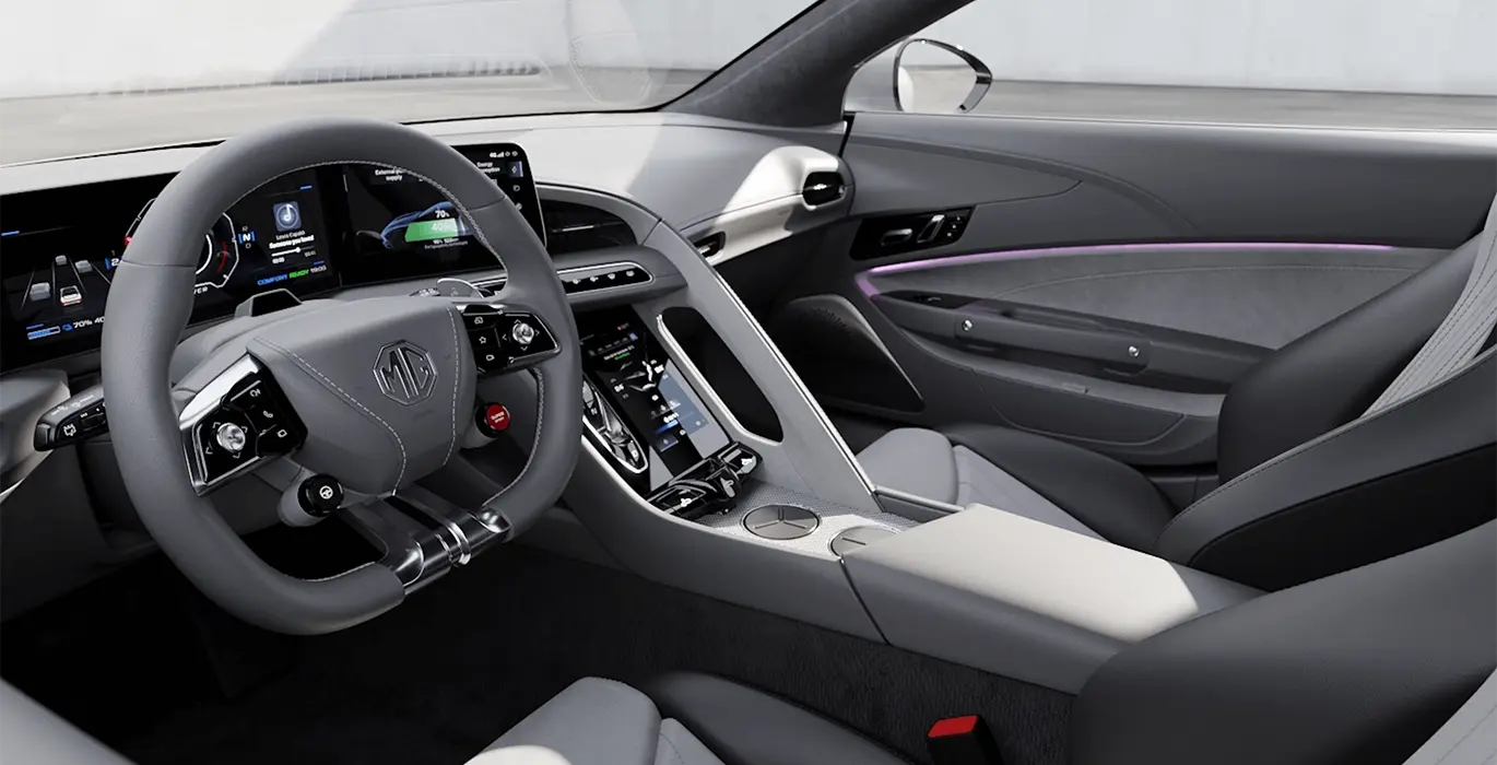 MG Cyberster Trophy Single Motor interior delantera | Avanti Renting